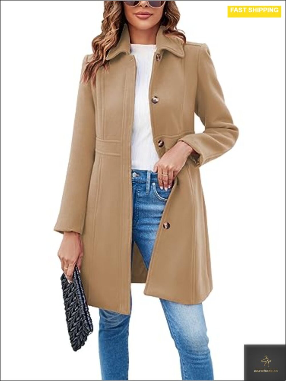 Womens Elegant Single Breasted Wool Pea Coat Winter Office Work Long Sleeve